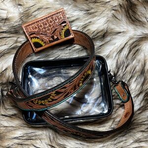 Mini clear concert shoulder bag with handmade leather strap and matching wallet